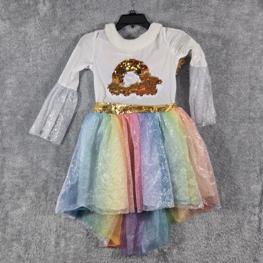 Girls Rainbow Unicorn Costume Dress Gold Wings Flip Sequin Donut White Gold 28in